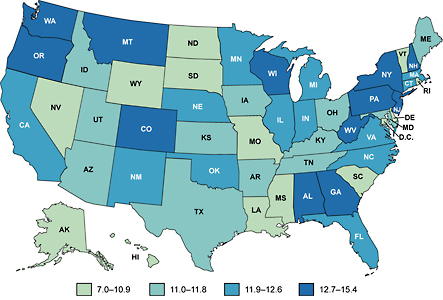 Map of the United States showing female ovarian cancer incidence rates by state.