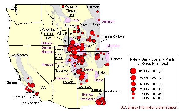 Figure 5. Natural Gas Processing Plants, Production Basins, and Plays in the Rocky Mountain States and California,  2009