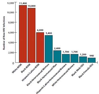 Shown here is a vertical bar chart entitled, “Estimates of New HIV Infections in the United States, 2009, for the Most-Affected Subpopulations”.
						
White MSM = 11,400
Black MSM = 10, 800
Women = 6,000
Latino MSM = 5,400
Black Heterosexual Men =2,400
White Heterosexual Women = 1,700
Black Male IDUs = 1,700
Latina Heterosexual Women = 1,200
Black Female IDUs =940
Subpopulations representing 2% or less of the overall US epidemic are not reflected in this chart.