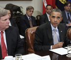 Photo of President Obama leading the August 7, 2012, White House Rural Council meeting on the administration's effort to address drought issues in rural areas.