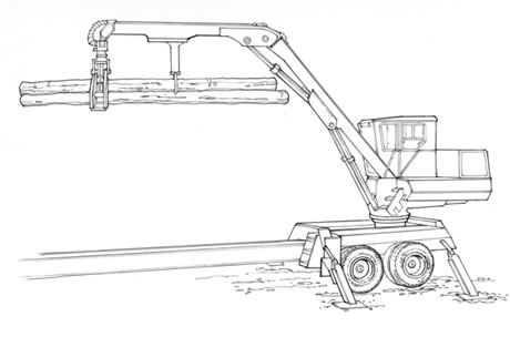 Trailer mounted knuckleboom loader with fixed heel and bunching grapple lifting logs.