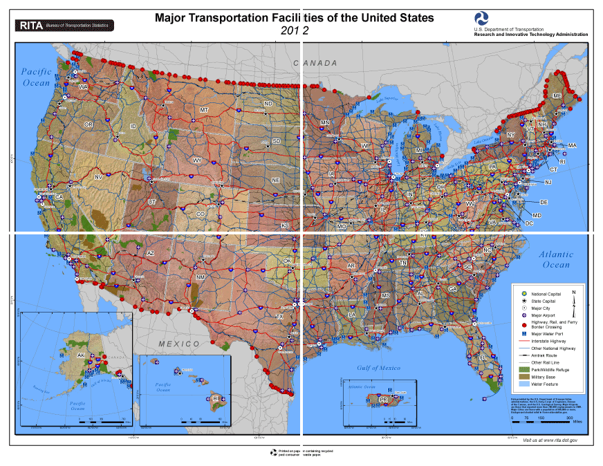 Major Transportation Facilities of the United States map. If you are a user with a disability and cannot view this image, please call 800-853-1351 for further assistance.