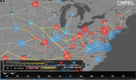 Screen capture of a dynamic map that is animated to display power flow in 2010 through 2050