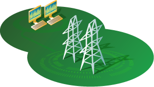 Smart Grid graphic with two power transmission towers connected to two computer terminals