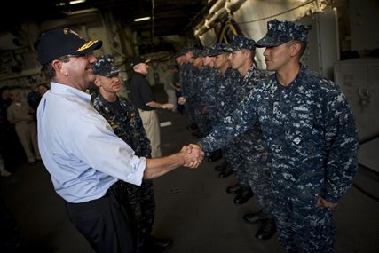 Deputy Defense Secretary Ashton B. Carter thanks sailors assigned to the USS Freedom after receiving a tour of the ship in San Diego, Sept. 26, 2012.