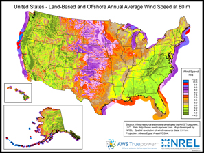 A wind resource map of the United States showing land-based with offshore resources.