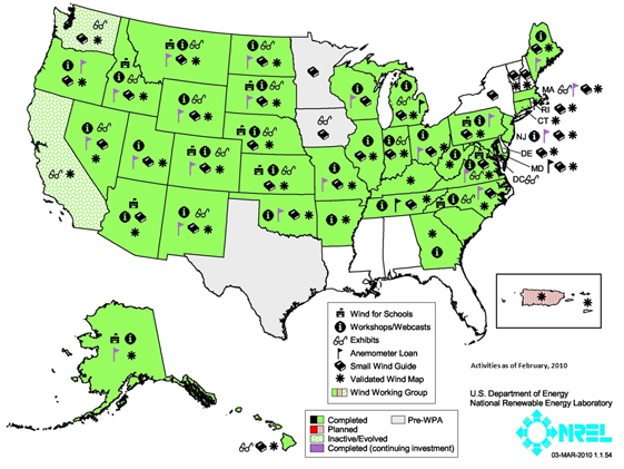 U.S. map showing Wind Powering America's activities in each state.