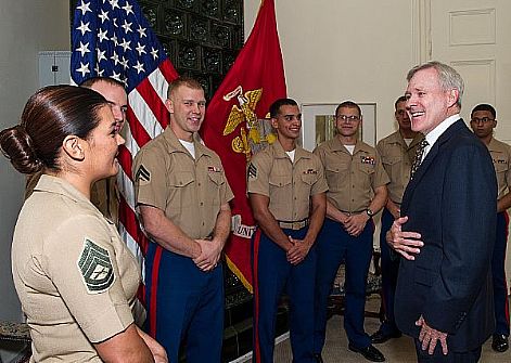 Secretary of the Navy (SECNAV) The Honorable Ray Mabus speaks with Marines assigned to the Marine Security Detachment in Prague, Czech Republic.  Mabus met with senior U.S. and Czech officials to discuss bilateral and multilateral security issues. Mabus also addressed US military and civilian personnel, thanking them for their service and sacrifice.  U.S. Navy photo by Chief Mass Communication Specialist Sam Shavers (Released)  120919-N-AC887-006