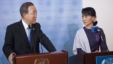 UN Secretary General Ban Ki-Moon and Burma's opposition leader Aung San Suu Kyi speak at a joint media conference at the United Nations in New York, September 21, 2012.