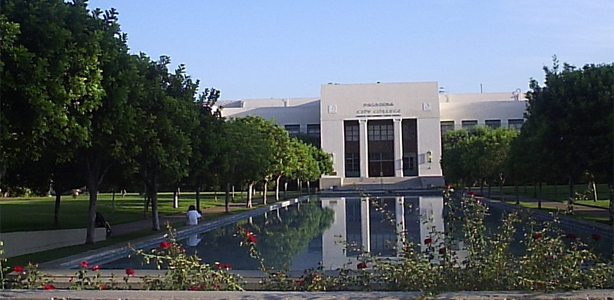 Pasadena City College building with reflecting pool
