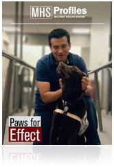 Photo of the new edition of MHS Profiles featuring resident therapy dogs at Walter Reed Army Medical Center who offer comfort, exercise, and motivational support to rehabilitation patients