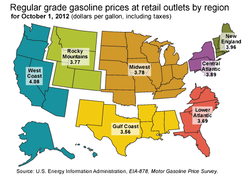 U.S. map with latest weekly gasoline prices by region from Gasoline and Diesel Fuel Update