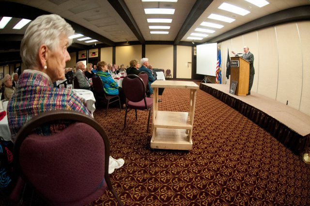 Veterans of the 196th Regimental Combat Team listen to Under Secretary of the Army Joseph W. Westphal deliver the keynote address during their final reunion, Sept. 22, 2012, near Brainerd, Minn. Westphal thanked the veterans for their selfless service and expressed the nation's gratitude for their contributions to American ideals. The unit was organized in 1946 and supported operations during the Korean War.