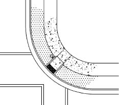 CAD drawing of single perpendicular curb ramp on radius on sidewalk with continuous parkway on 30-foot radius corner; APS locations indicated.