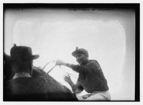 Image description: Jockey Clarence Turner sits on Stromboli, a chestnut gelding who won over 60 races between 1913 and 1918. This photo was taken between 1910 and 1915.
Photo from the George Grantham Bain Collection, Library of Congress Prints and Photographs Division