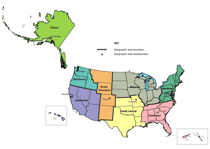 Map of regions and areas. The states within the geographic areas are listed above with each of the regional executives.