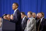 President Barack Obama delivers remarks on fuel efficiency standards for 2017-2025 model year cars and light-duty trucks during an event at the Washington Convention Center in Washington, D.C., July 29, 2011. Seated behind the President are at left are auto industry executives and Transportation Secretary Ray LaHood. (Official White House Photo by Samantha Appleton)