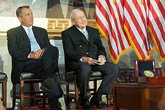 Speaker John Boehner sits beside Arnold Palmer during a ceremony awarding Palmer with the Congressional Gold Medal in honor of his contributions to the game of golf and his civic contributions to the nation.  The medal can be seen in the foreground.  September 12, 2012.  (Official Photo by Heather Reed)

--
This official Speaker of the House photograph is being made available only for publication by news organizations and/or for personal use printing by the subject(s) of the photograph. The photograph may not be manipulated in any way and may not be used in commercial or political materials, advertisements, emails, products, promotions that in any way suggests approval or endorsement of the Speaker of the House or any Member of Congress.