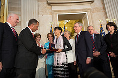 Speaker John Boehner, joined by House &amp; Senate leaders as well as Secretary of State
Hillary Rodham Clinton and Former First Lady Laura Bush, presents the Congressional Gold
Medal to Daw Aung San Suu Kyi.  September 19, 2012. (Official Photo by Heather Reed)

--
This official Speaker of the House photograph is being made available only for publication by news organizations and/or for personal use printing by the subject(s) of the photograph. The photograph may not be manipulated in any way and may not be used in commercial or political materials, advertisements, emails, products, promotions that in any way suggests approval or endorsement of the Speaker of the House or any Member of Congress.