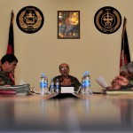 The potential next Afghan Army Sgt. Maj. of the Army, standing, gets interviewed before a board, at the Ministry of Defense in Kabul, Apr. 19.