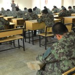 Fifty-three Afghan National Security Force members take an end of lesson knowledge test at a Kandahar Regional Military Hospital training classroom, Apr. 23, 2012. The ANSF members are taking a 64-week combat physician assistant course which started October 2011. The course was designed to prepare members to become medical advisors in a hospital, clinic or field setting. This is the first time the combat physician assistant course is being taught at KRMH.