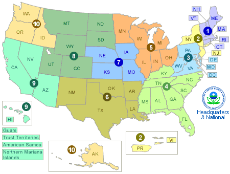 Map of the US, split into EPA regions