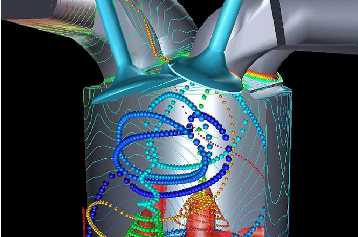 KIVA simulation of an experimental engine with DOHC quasi-symmetric pent-roof combustion chamber and 4 valves.