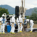 Workers sample contents of LANL's Material Disposal Area B (MDA-B) before excavation