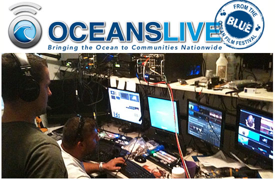 people in broadcasting control room with Oceans Live logo