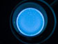 Image of a petri dish illuminated with blue light with E.coli on the surface of the growing medium.