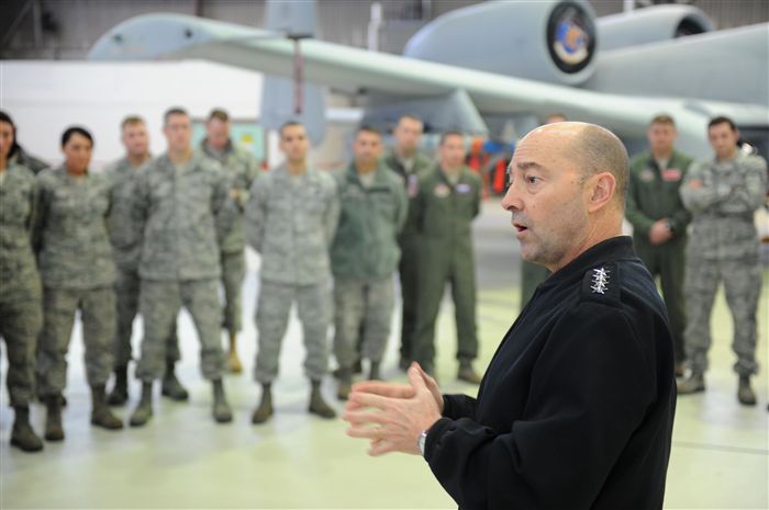 SPANGDAHLEM AIR BASE, Germany -- U.S. Navy Adm. Jim Stavridis, U.S. European Command commander and NATO Supreme Allied Commander Europe, visited with Airmen in Hangar 1 here Dec. 14 as part of a familiarization tour. He thanked the Airmen for their hard work to secure enduring stability in Europe and Eurasia. During the visit, Stavridis saw the unique capabilities the 52nd Fighter Wing provides to the European theater of operations and learned about some of the wing’s accomplishments this year. 