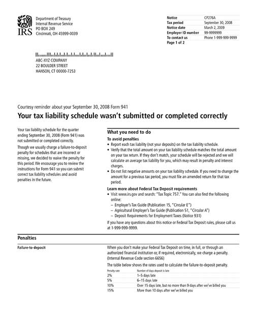 Image of page 1 of a printed IRS CP276A Notice