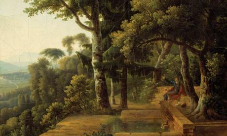 Painting of Rousseau meditating in a park