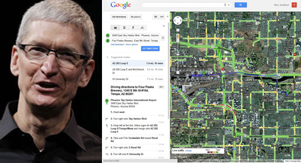 Apple CEO Tim Cook and a screenshot of a Google map is shown. | AP Photos 