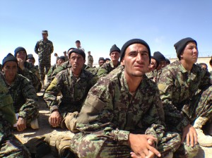 Afghan National Army trainees listen to an ANA instructor, or bridmal, give a first aid class during Regional Basic Warrior Training at Regional Military Training Center Southwest in Helmand province, Afghanistan, May 15, 2012.