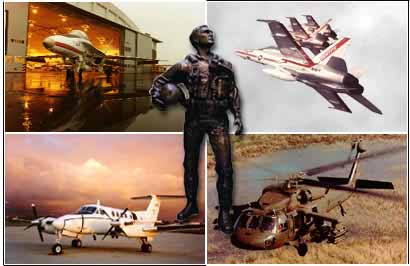 Collage of a statue of a pilot standing in front of 4 photos of aircraft including F-18 Hornets and an H-60.