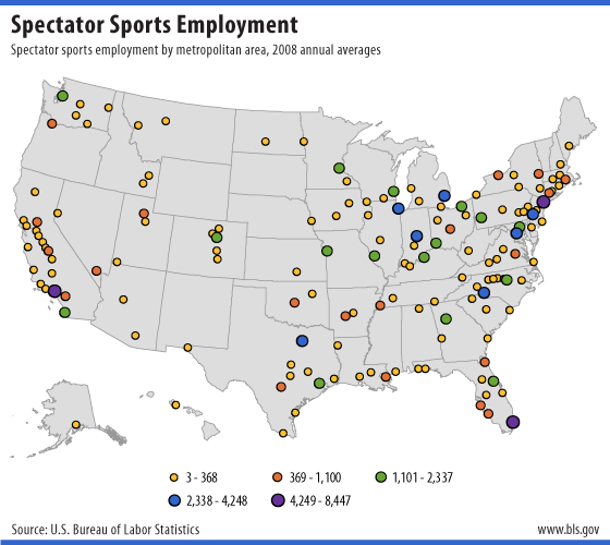 Chart: Spectator sports employmnet by metropolitian area, 2008 annual averages