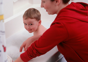 The right way to bathe your baby: Always within arm’s reach.