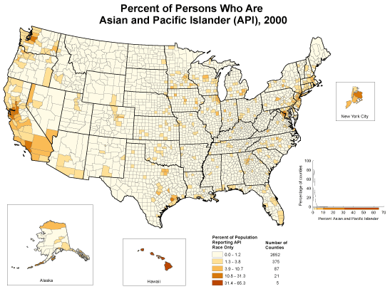 Counties with the highest percentages were located in Alaska, Hawaii, California, Washington, and New York City. The frequency distribution indicates that for the majority of counties, the percentage of the population reporting Asian and Pacific Islander race only was between 0% and 3%.