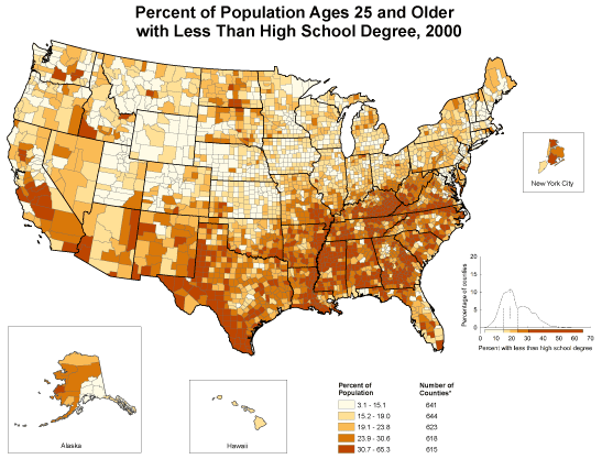Counties with the highest percentages were located primarily in southwestern Texas, the South Atlantic, Lower Mississippi River, and the Appalachian Regions. The frequency distribution indicates that for the majority of counties, the percentage of the population ages 25 and older with less than a high school degree was between 5% and 40%.