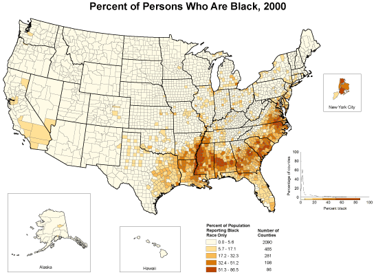 Counties with the highest percentages were located primarily in the South Atlantic region, Alabama, and the Mississippi Delta region. The frequency distribution indicates that for the majority of counties, the percentage of the population reporting black race only was between 0% and 20%.