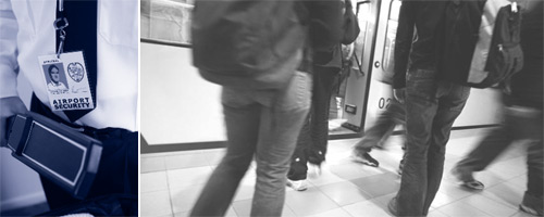 Image 1: Airport security officer holding a scanner. Image 2: Group of people waiting to board a train at a subway station.