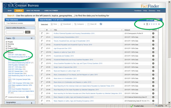 Illustrates how to select a dataset in the American FactFinder 2.