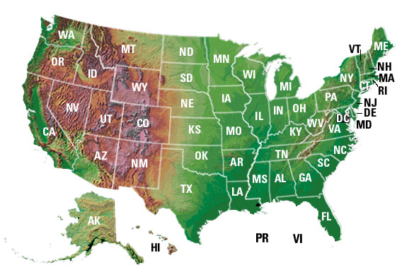 Map of the USA with state borders