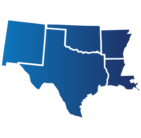 Southwest Region Map covering States: AR, LA, NM, OK, TX