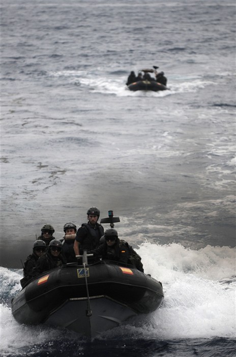 USS STEPHEN W. GROVES, At Sea (June 7, 2011) -- Members of the  Spanish armed forces maritime interdiction operations team  attached to the Spanish navy ESPS Vencedora underway to board USS Stephen W. Groves (FFG 29), serving as a vessel suspected of illicit trafficking, June 7 as a part of Phoenix Express 2011 (PE-11).  A three-week evolution divided into two phases of training, PE-11 is designed to enhance regional maritime partnerships among the 13 participating nations in their efforts to deter illicit trafficking at sea.  