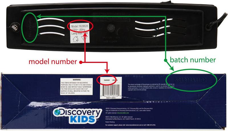 Picture of location of batch number and model number, both on bottom of lamp and bottom of package