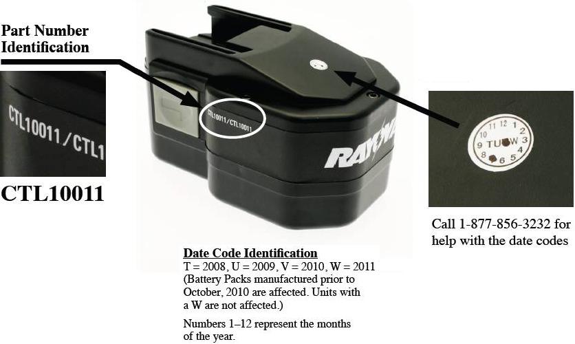 Picture of recalled CTL10011 battery pack and date code identification