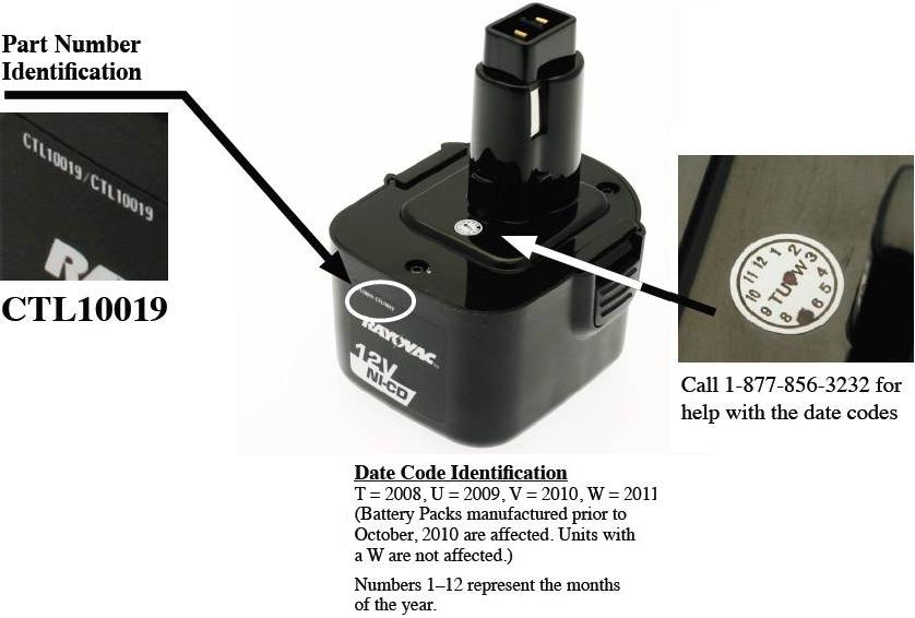 Picture of recalled CTL10019 battery pack and date code identification