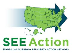 Graphic of logo of the State and Local Energy Efficiency (SEE) Action Network, which includes a green map of the United States with all the states outlined placed over a large arrow.